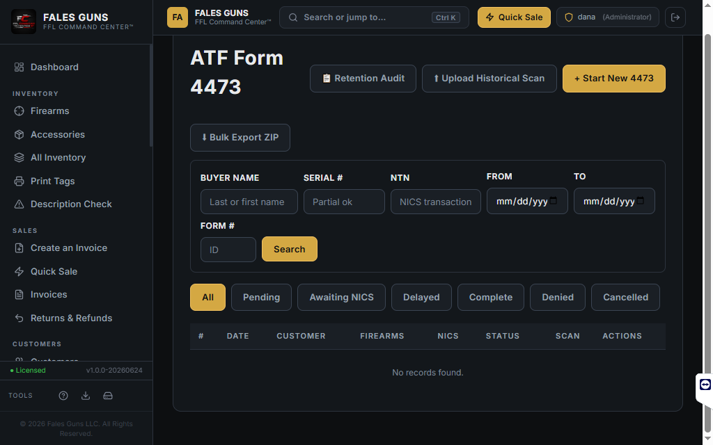 FFL Command Center ATF Form 4473 management screen with search filters and status tabs: All, Pending, Awaiting NICS, Delayed, Complete, Denied, Cancelled