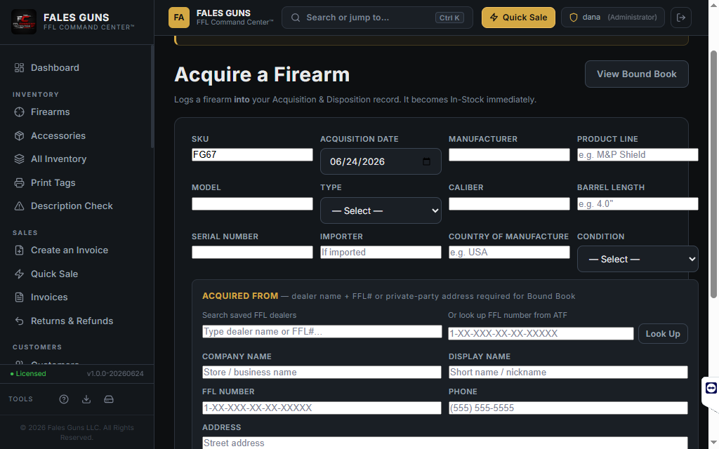Acquire a Firearm screen showing ATF FFL number lookup field with Look Up button, plus all ATF-required acquisition fields