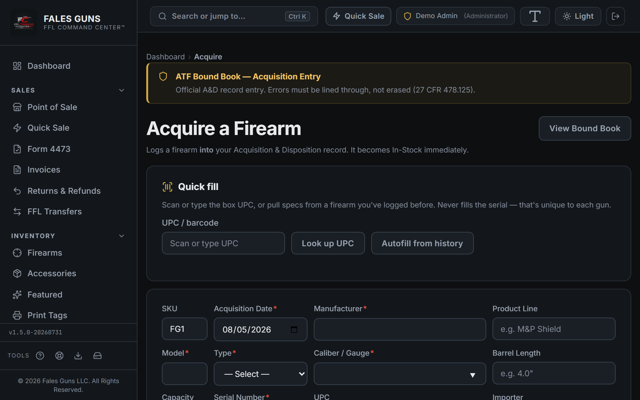 Acquire a Firearm screen showing ATF FFL number lookup field with Look Up button, plus all ATF-required acquisition fields
