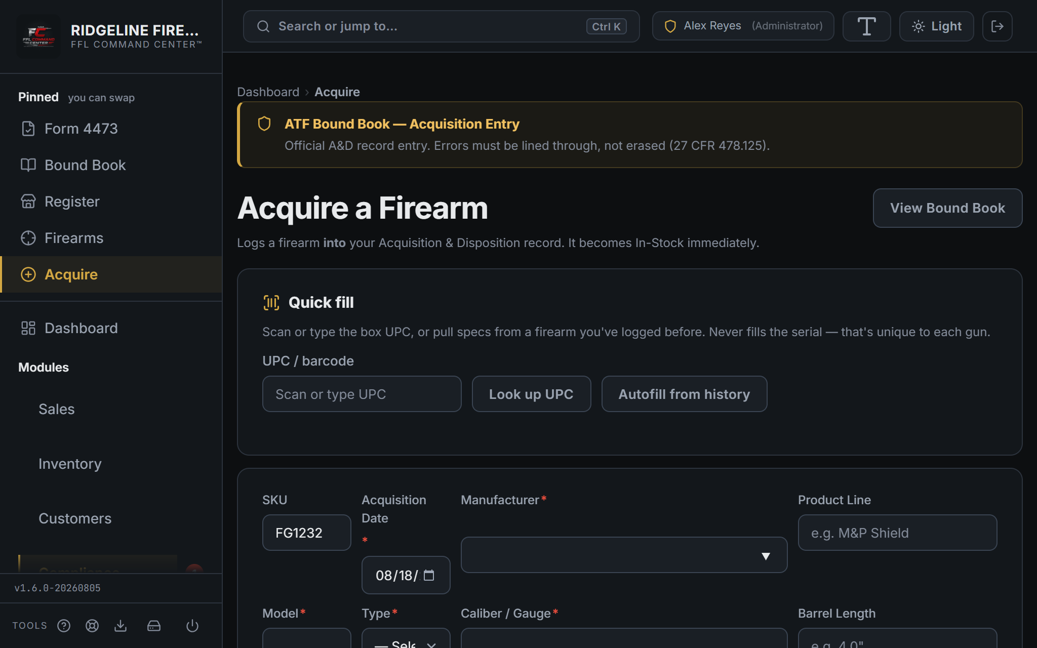 Acquire a Firearm screen showing ATF FFL number lookup field with Look Up button, plus all ATF-required acquisition fields