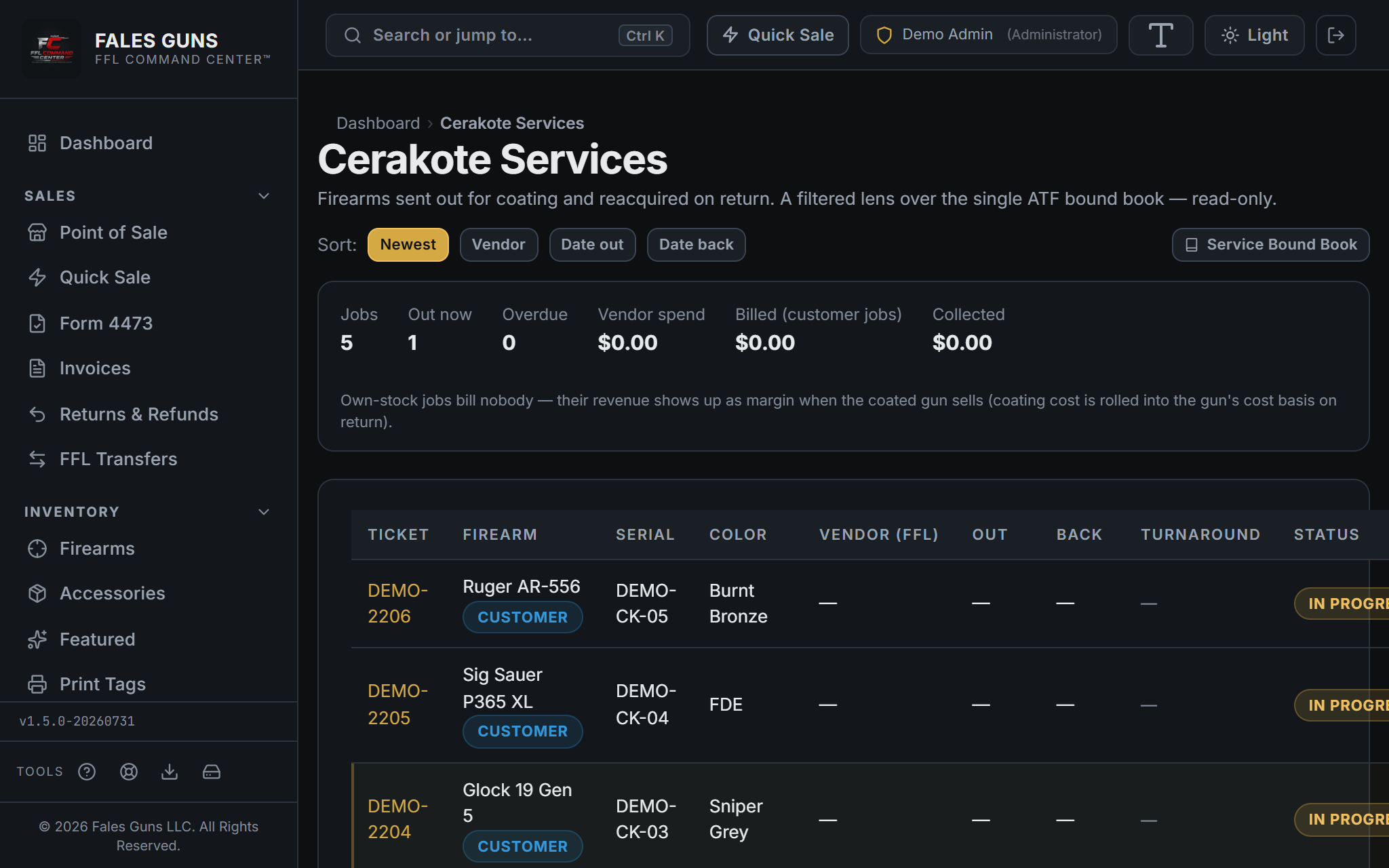 Cerakote Services job queue showing coating tickets with firearm, serial, vendor, sent-out and returned dates, turnaround days, and Out for Cerakote / Completed status pills