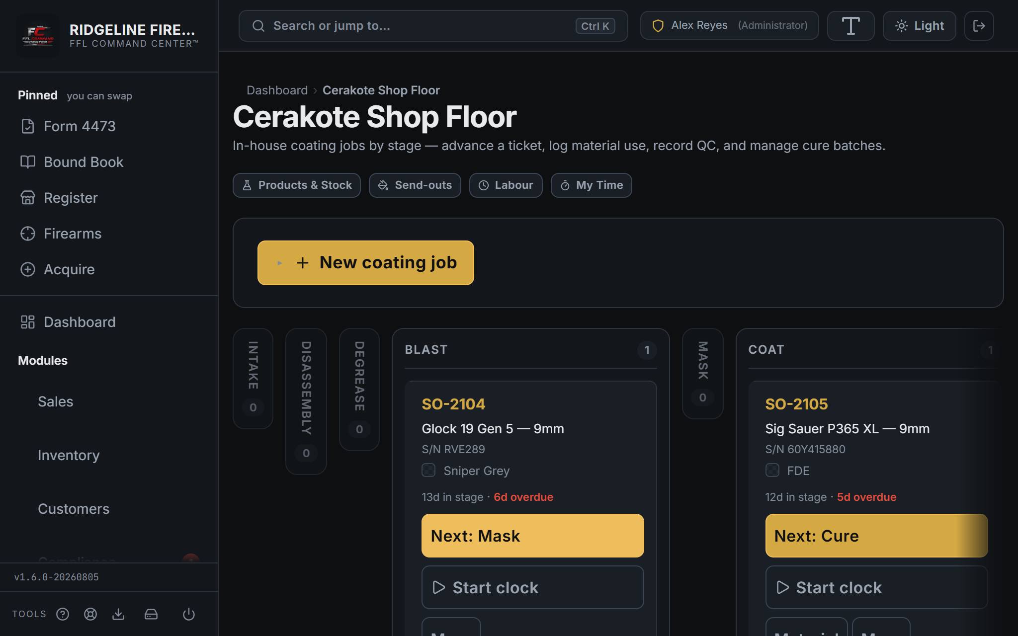 Cerakote Services job queue showing coating tickets with firearm, serial, vendor, sent-out and returned dates, turnaround days, and Out for Cerakote / Completed status pills