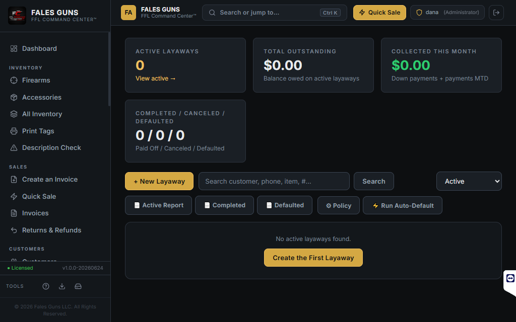 Layaway dashboard showing active layaway count, total outstanding balance, collected this month, completed/canceled/defaulted counts, and search