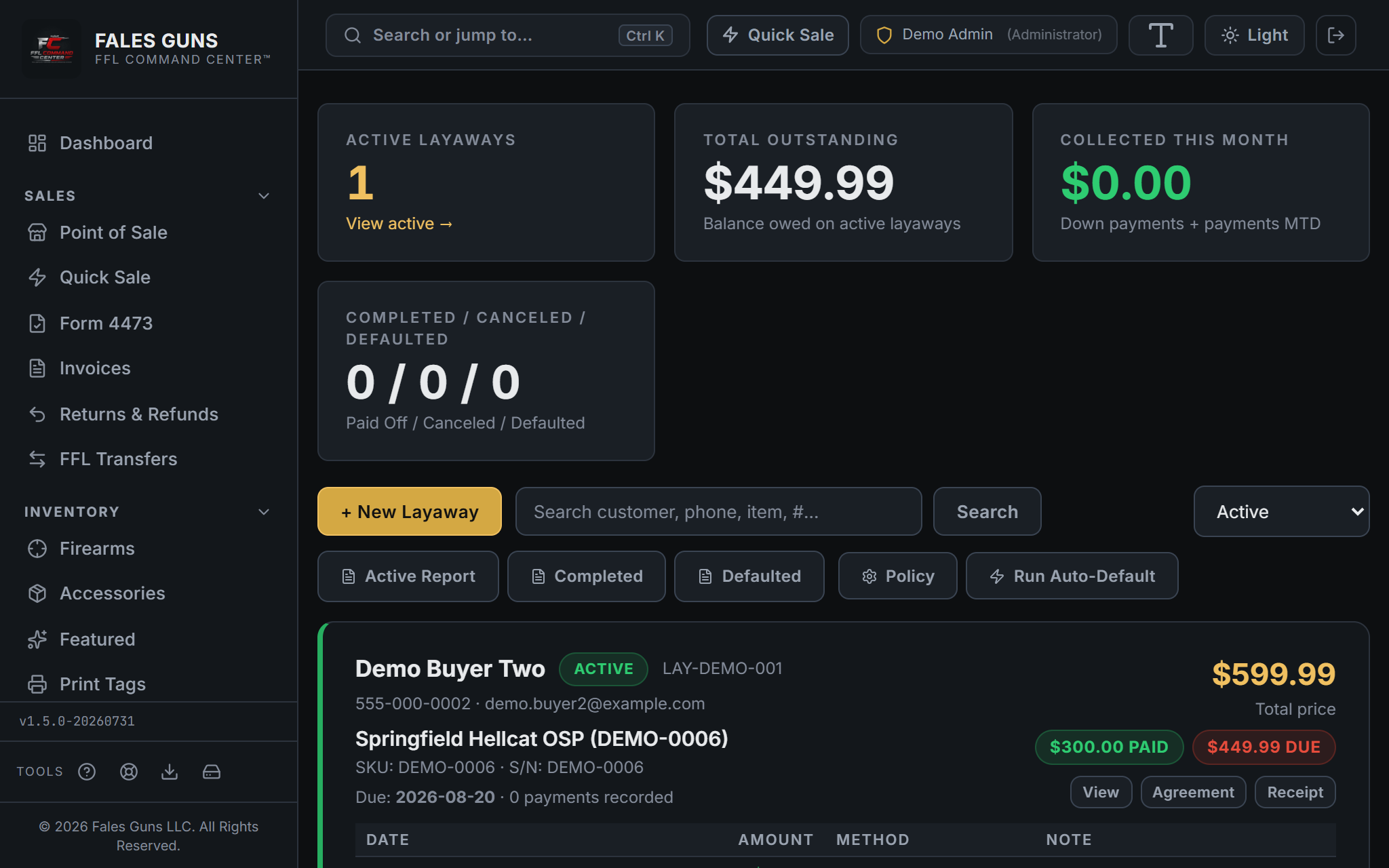 Layaway dashboard showing active layaway count, total outstanding balance, collected this month, completed/canceled/defaulted counts, and search