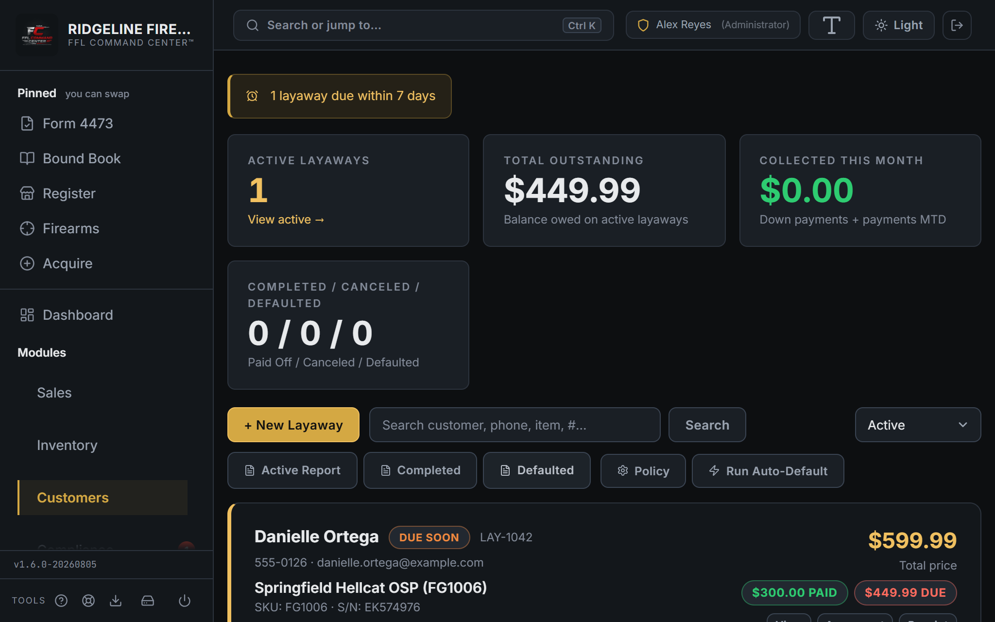 Layaway dashboard showing active layaway count, total outstanding balance, collected this month, completed/canceled/defaulted counts, and search