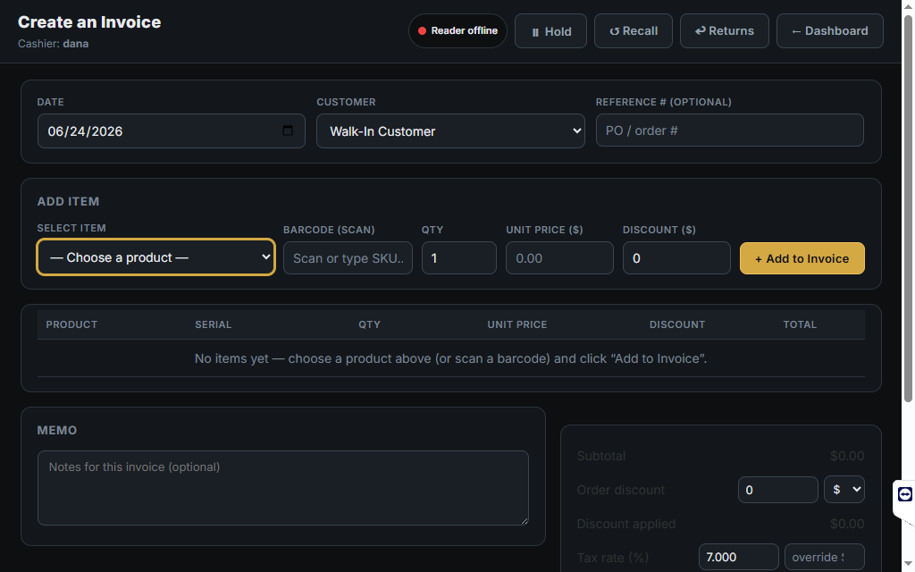 FFL Command Center Create an Invoice screen with product selection, barcode scan, quantity, price, discount, and tax fields