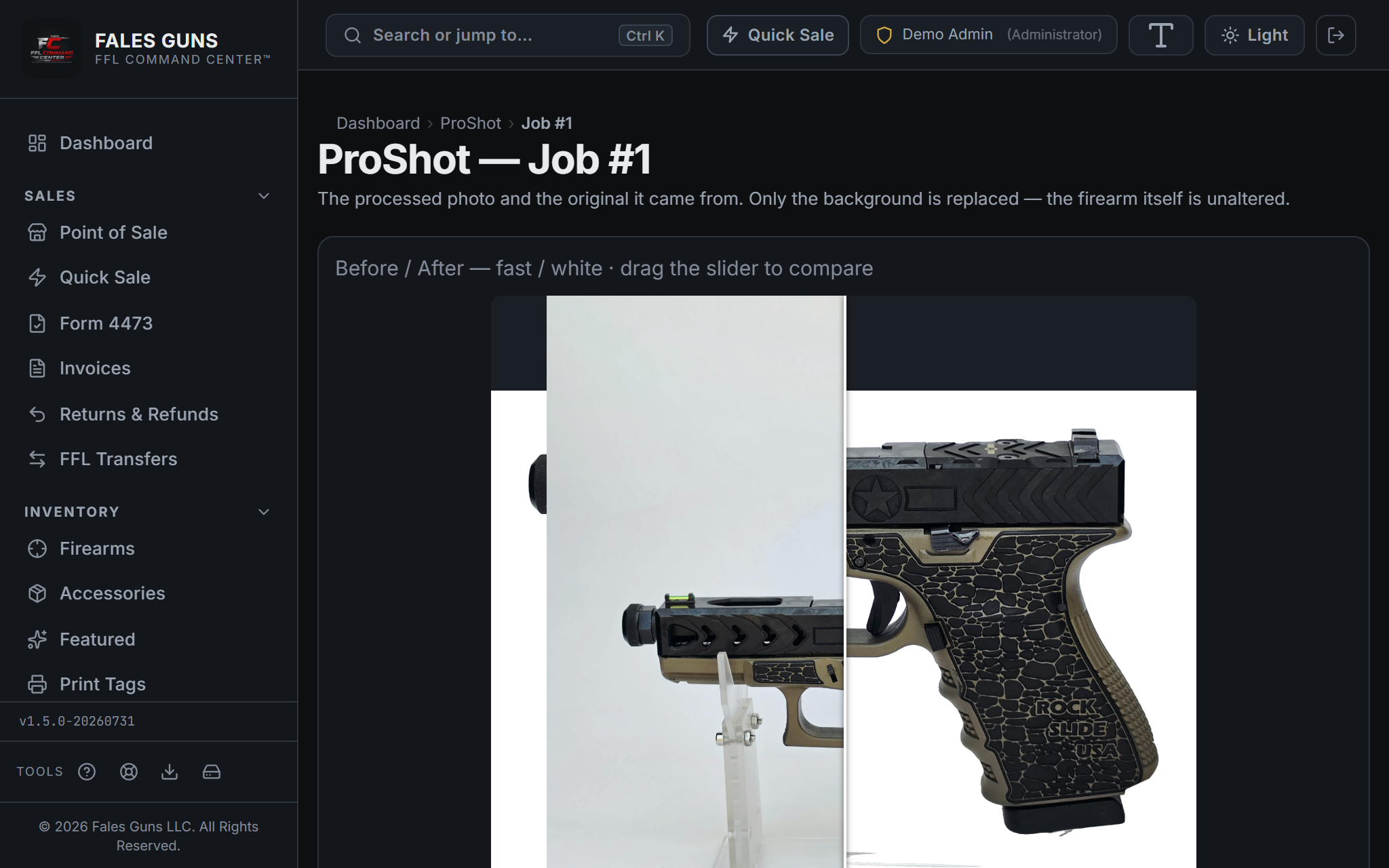 ProShot editor canvas with the cut-out firearm placed on a white backdrop, surrounded by drag-and-resize selection handles