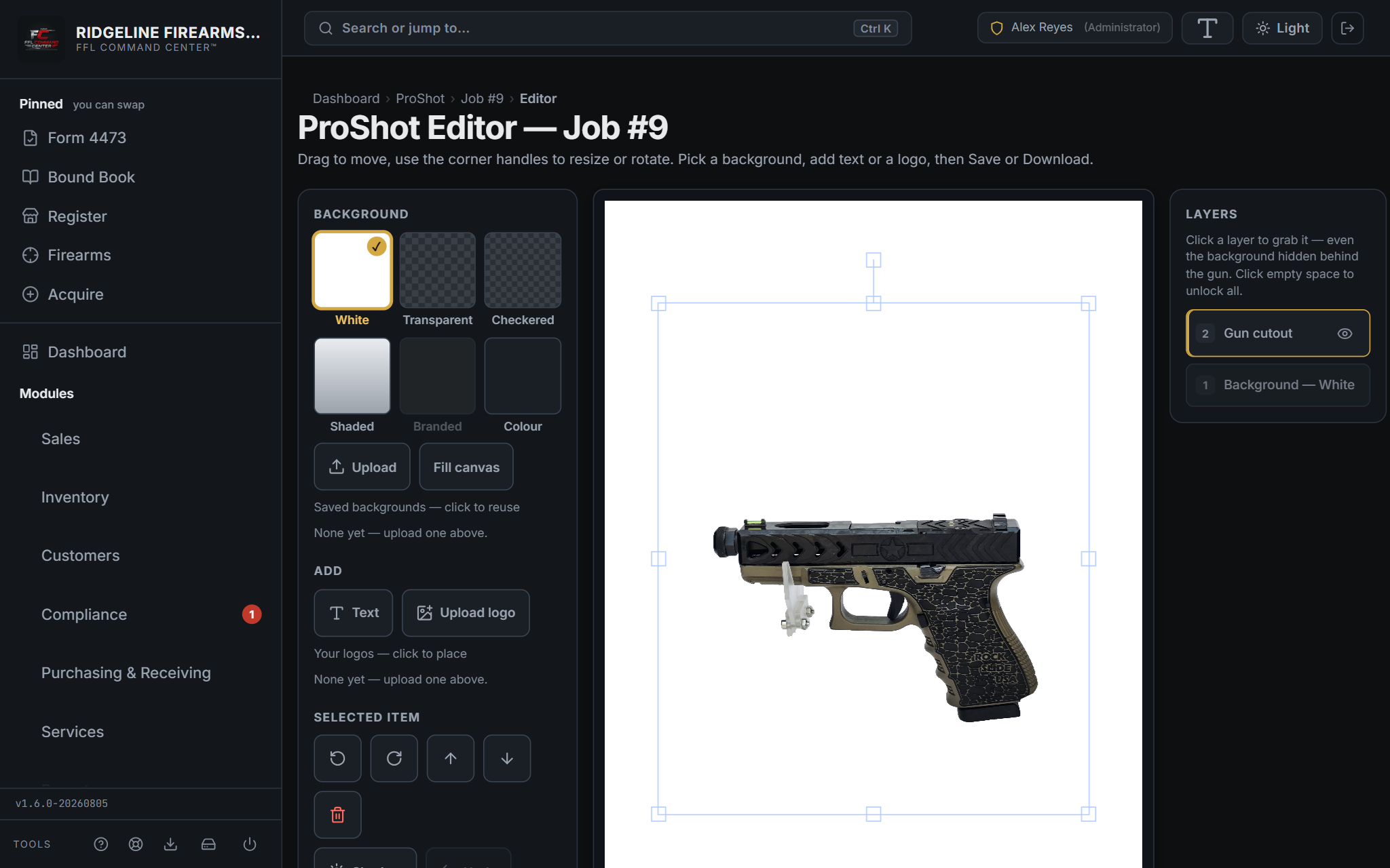 ProShot editor canvas with the cut-out firearm placed on a white backdrop, surrounded by drag-and-resize selection handles