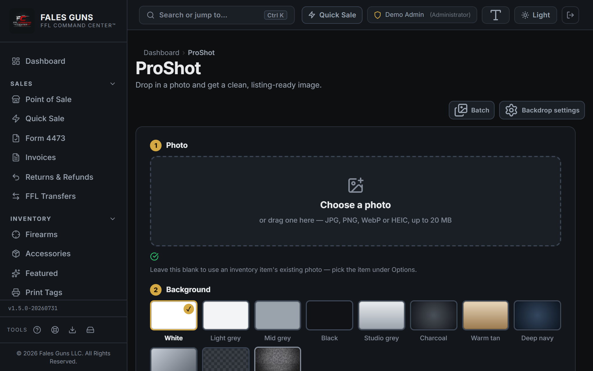 ProShot before/after comparison slider showing an original counter-top photo of a Cerakoted pistol on the left and the AI-processed version on a clean white studio background on the right