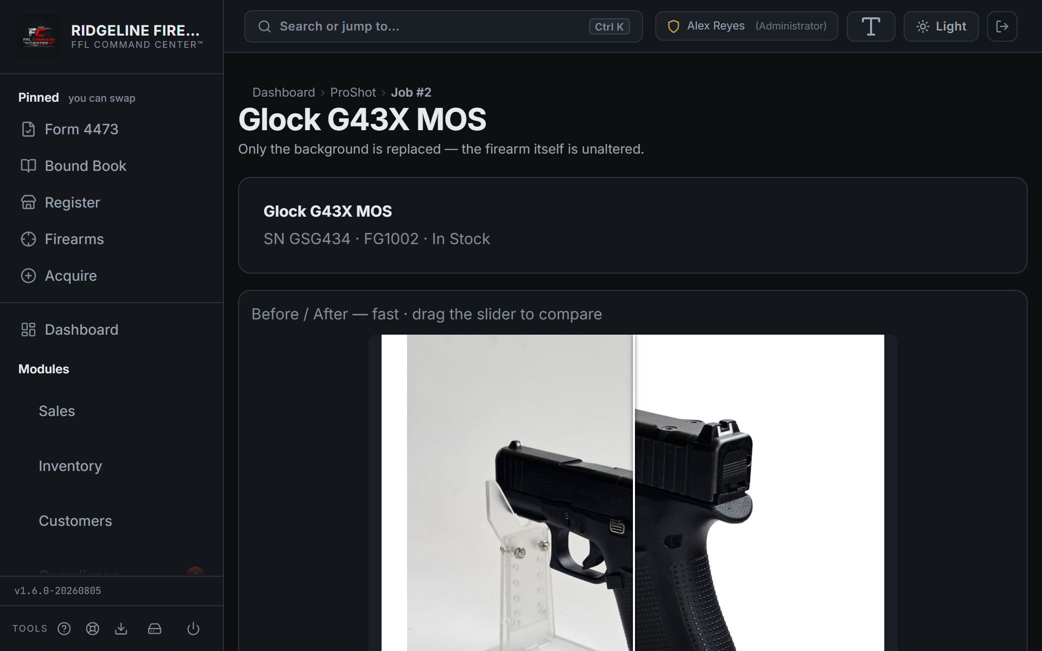 ProShot before/after comparison slider showing an original counter-top photo of a Cerakoted pistol on the left and the AI-processed version on a clean white studio background on the right