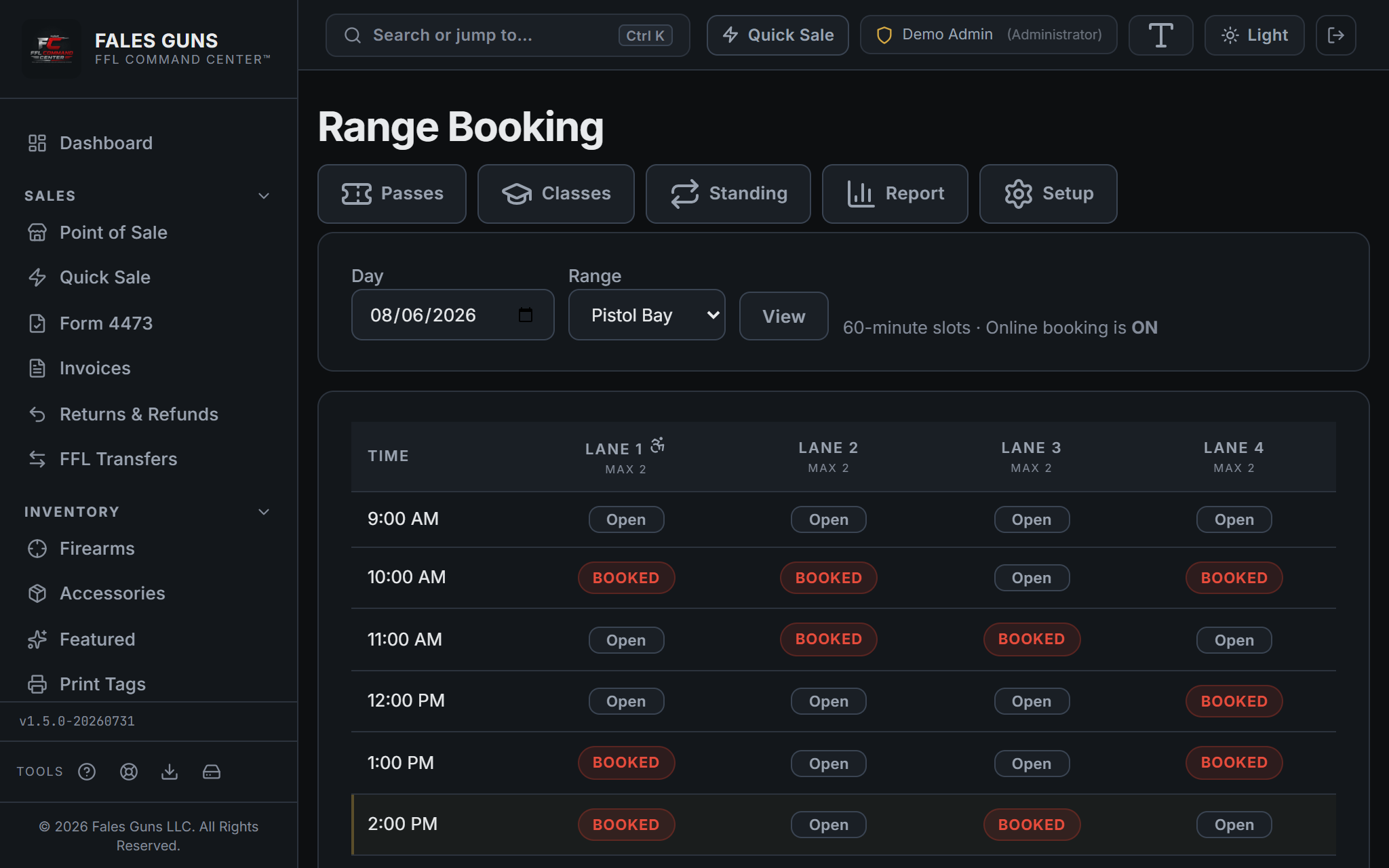 Range Booking day-and-lane calendar showing hourly time slots across four lanes with open slots and booked slots marked, a date picker, and range selector