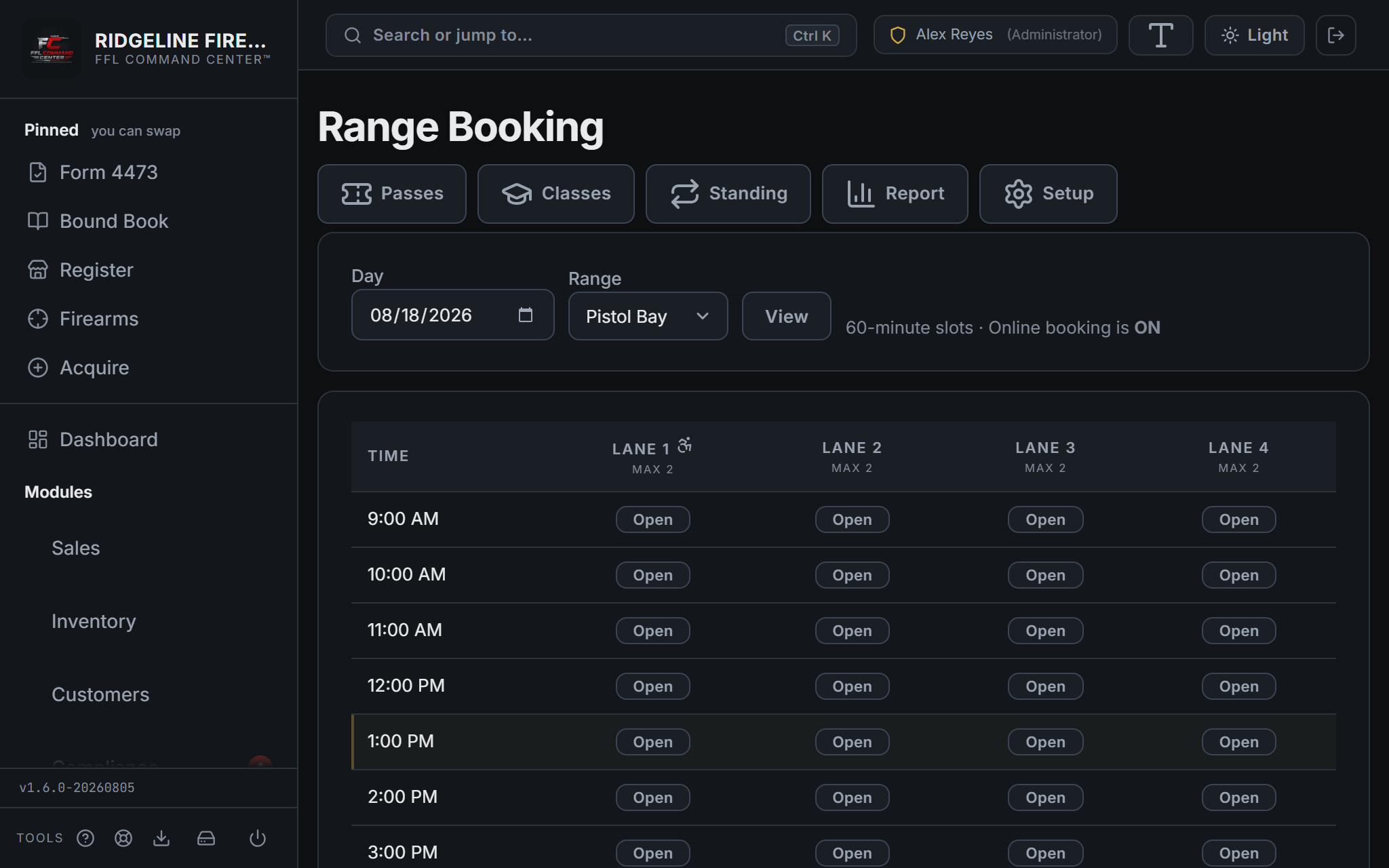 Range Booking day-and-lane calendar showing hourly time slots across four lanes with open slots and booked slots marked, a date picker, and range selector