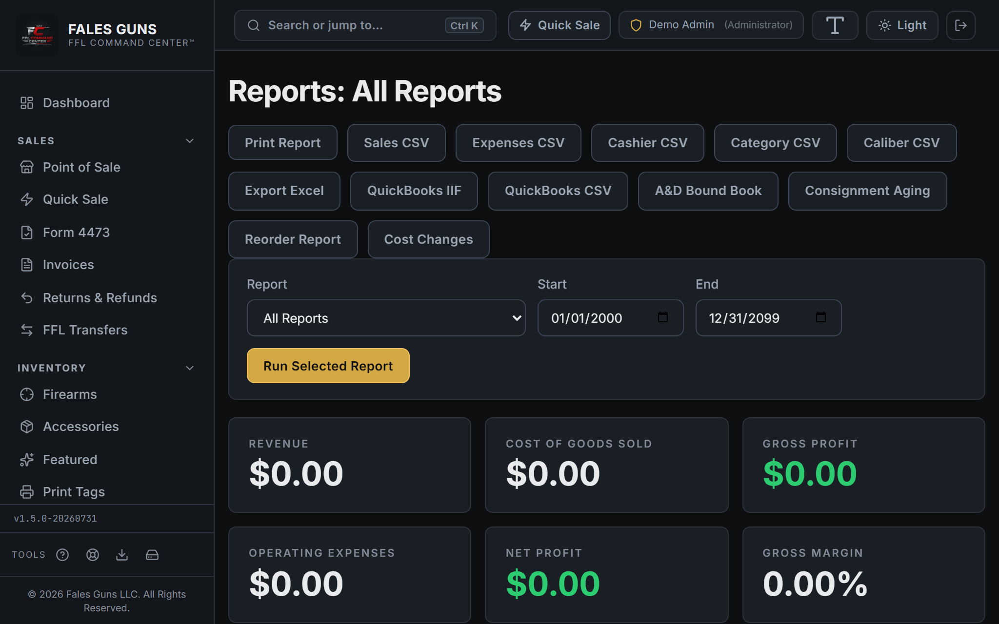 FFL Command Center Reports screen showing revenue, COGS, gross profit, expenses, net profit, gross margin summary cards and Monthly P&L section